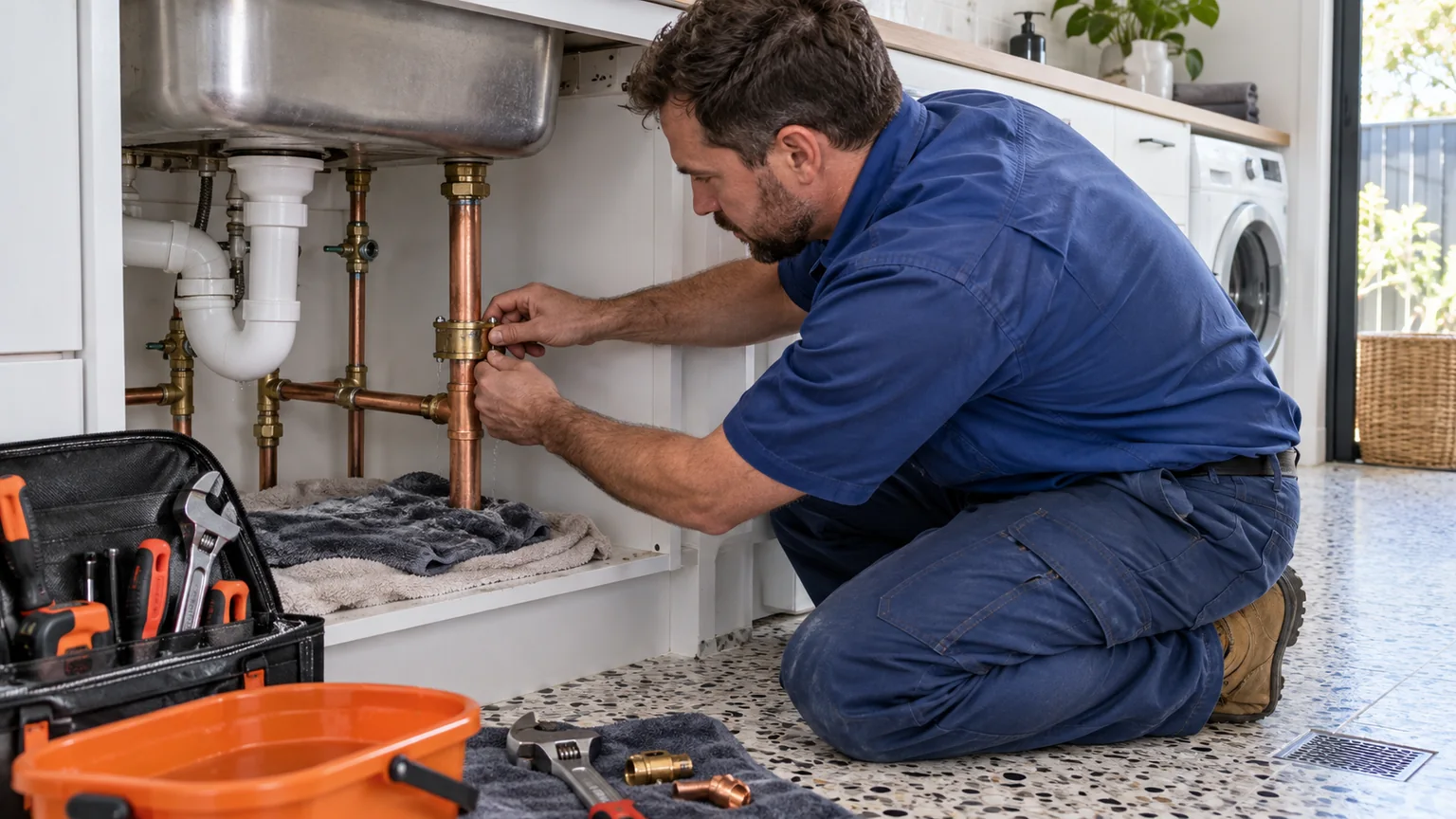 Plumber isolating an active Melbourne water leak