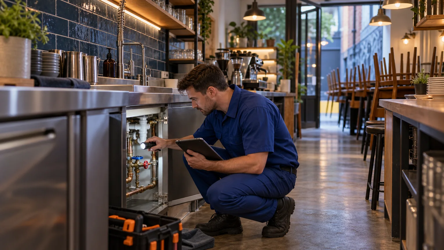 Commercial plumber inspecting pipework in a Melbourne hospitality property