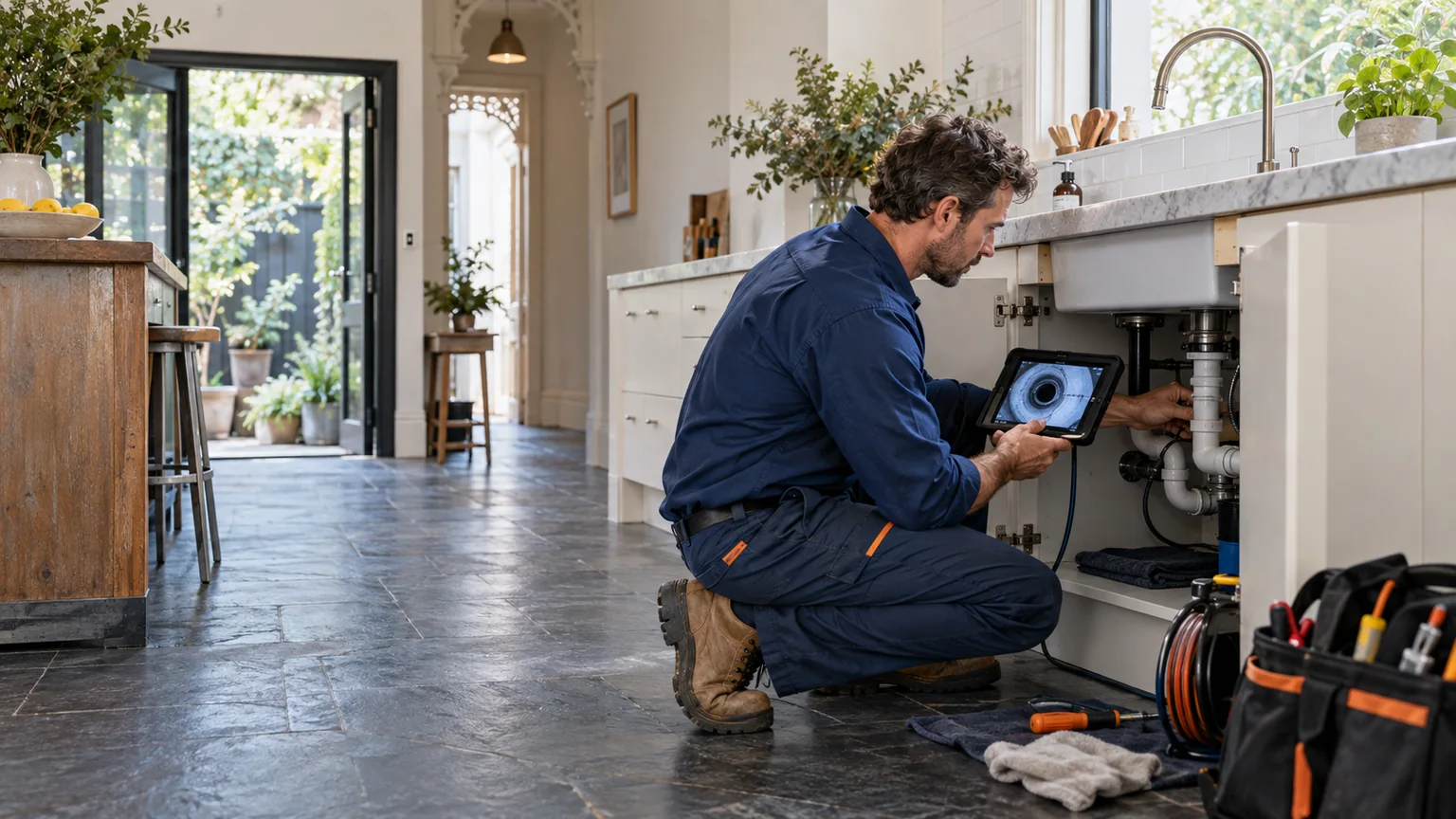 Melbourne plumber inspecting kitchen drainage in an inner-city terrace home