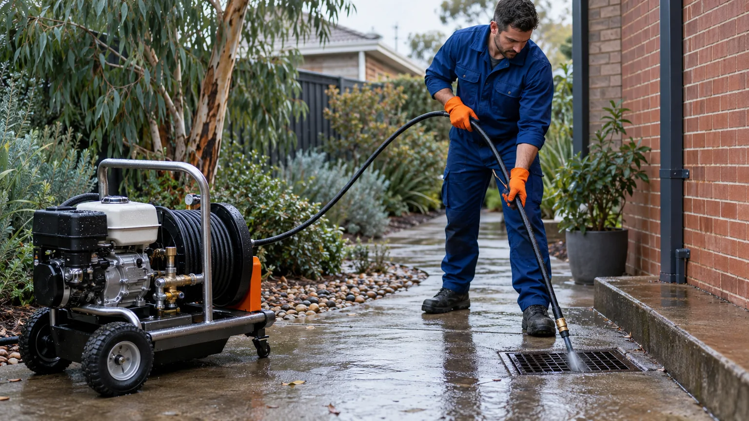 High-pressure drain jetting at a Melbourne property