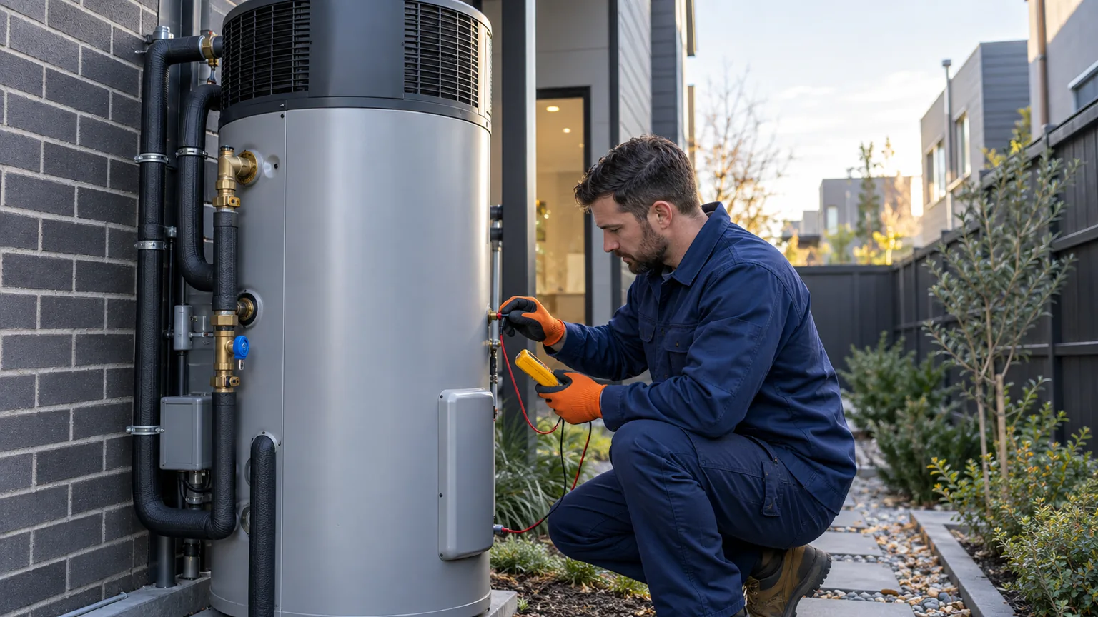 Melbourne hot water plumber assessing a heat-pump system