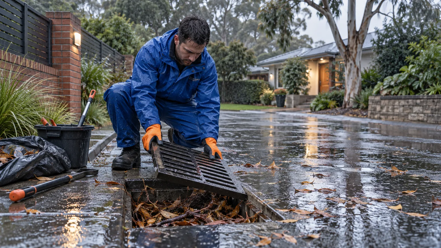 Melbourne plumber inspecting a stormwater pit after rain