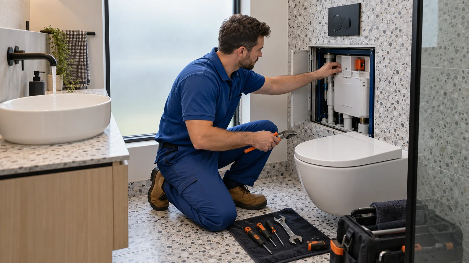 Plumber assessing a toilet cistern in a modern Melbourne bathroom